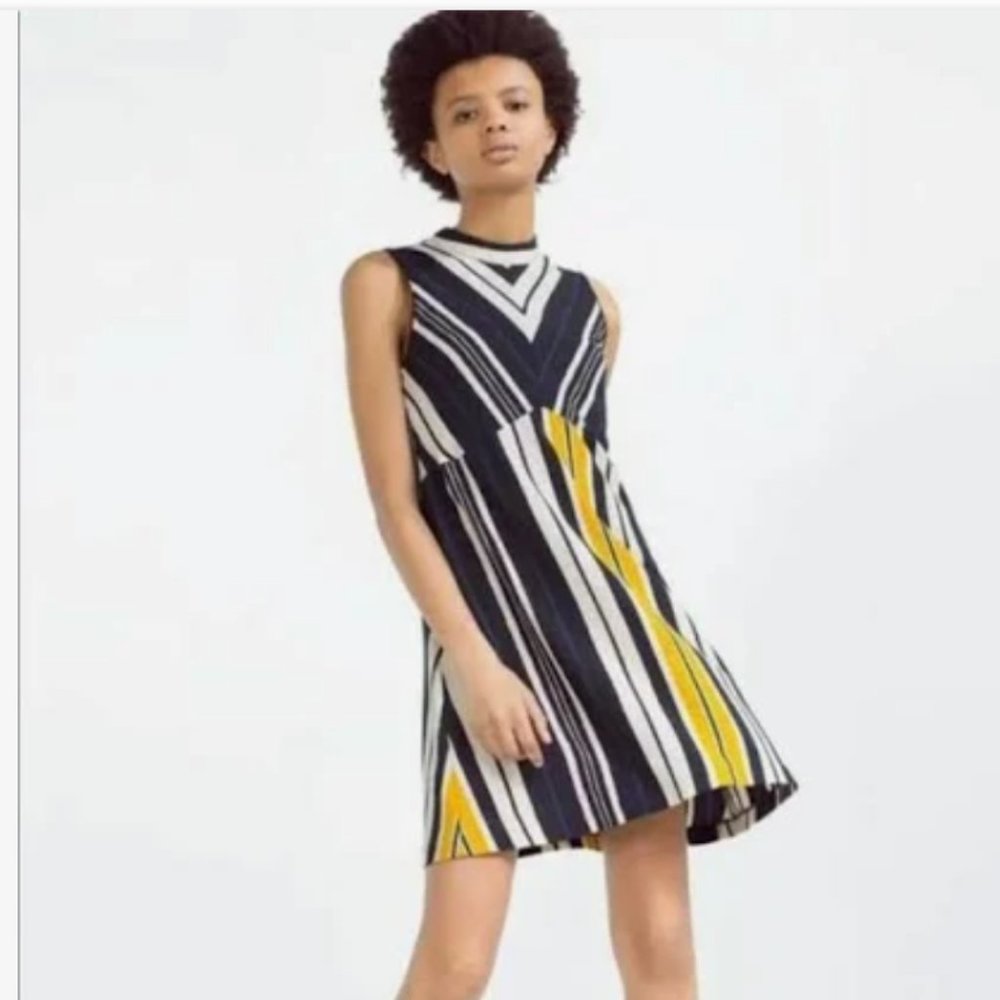 Zara Basic Navy Blue and Yellow Striped Mini Dress Sz M